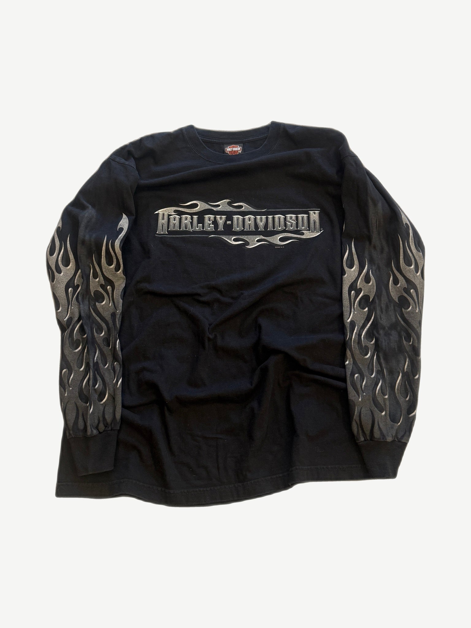 Vintage Harley Davidson black longsleeve with silver flame chest logo and metallic flame prints down both sleeves