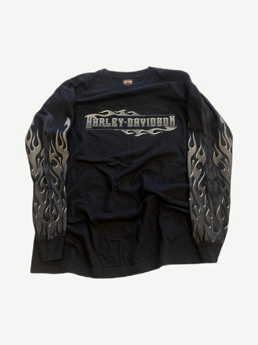 Vintage Harley Davidson black longsleeve with silver flame chest logo and metallic flame prints down both sleeves