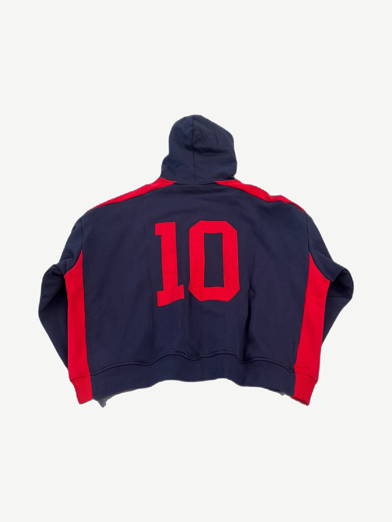 Back of HMDD Lisbon red zip-up hoodie showing sun-faded crimson tone and clean unbranded back panel.