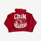 Happy Memories Don't Die red hoodie back view with large CHIM REAPERS collegiate grim reaper print.