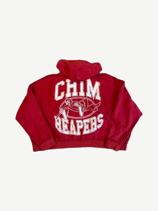 Happy Memories Don't Die red hoodie back view with large CHIM REAPERS collegiate grim reaper print.