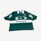 Bottega Desires green futbol jersey with white chest band, shield crest patch and ribbed polo collar
