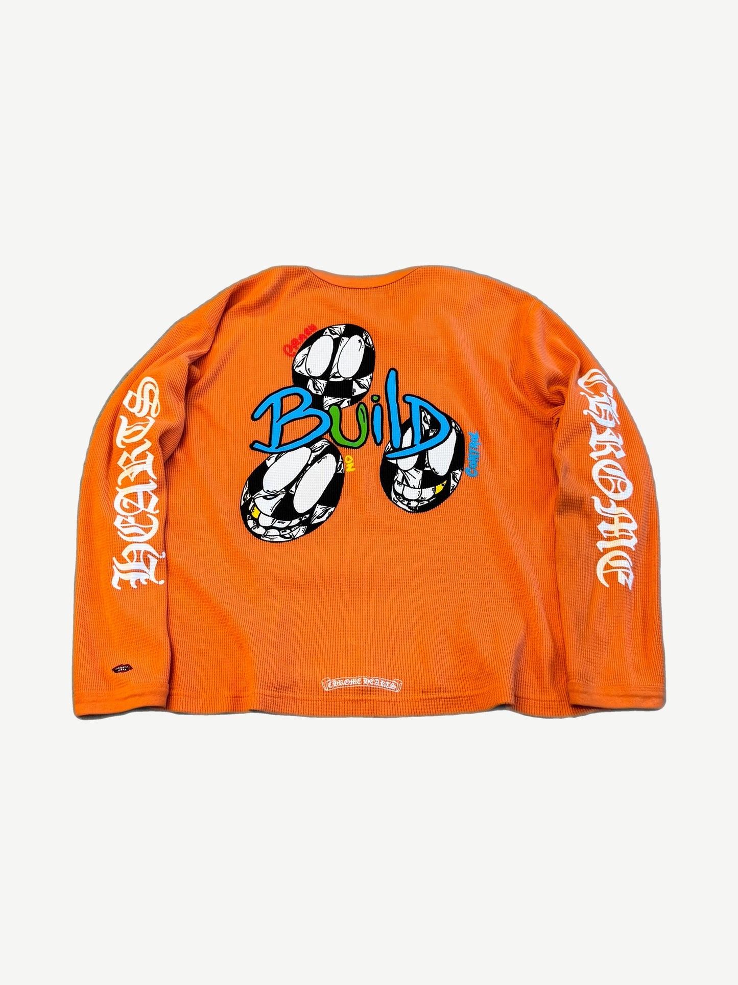 Chrome Hearts Matty Boy orange thermal back with graffiti BUILD bubble graphic and Hearts sleeve text