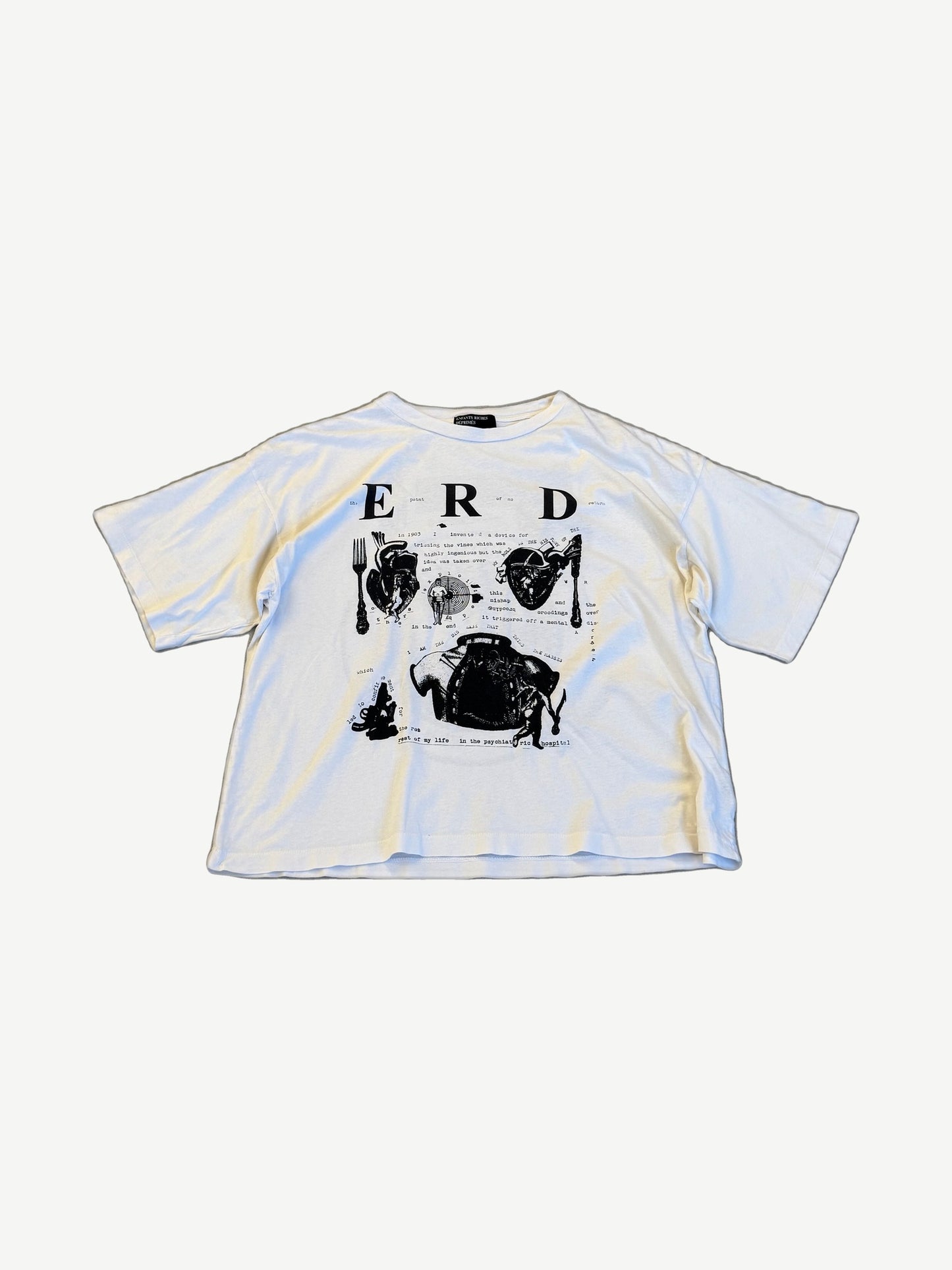 Enfants Riches Deprimes white tee with photo collage print, fork imagery and ERD typewriter text graphic