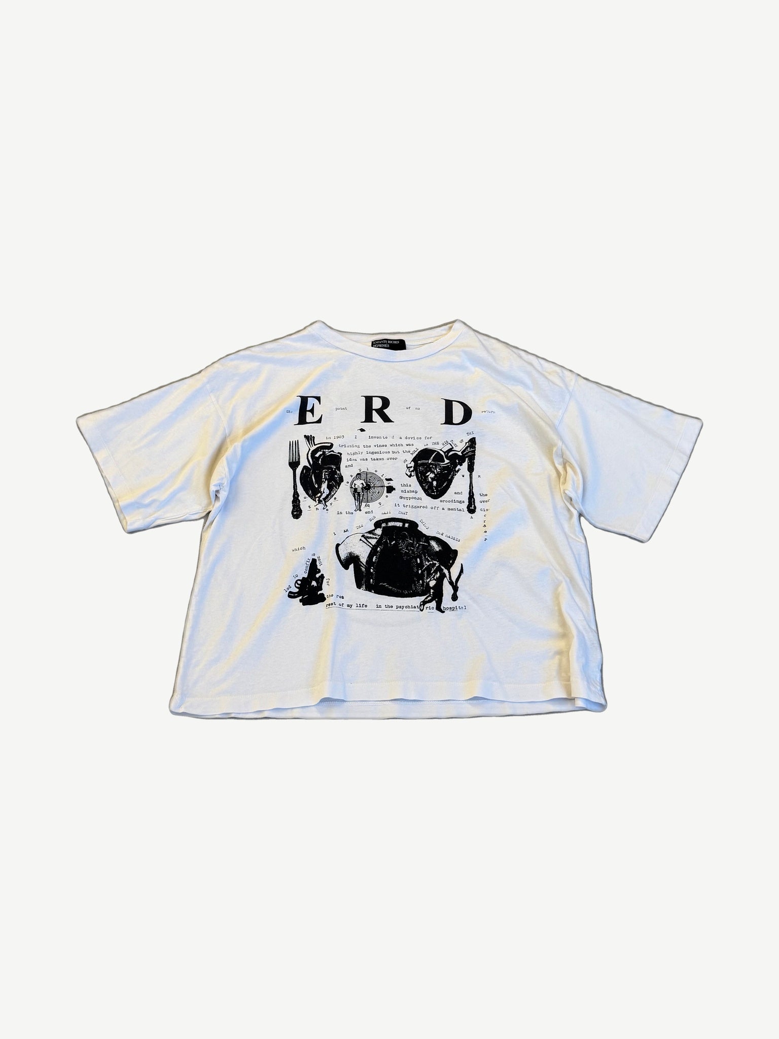 Enfants Riches Deprimes white tee with photo collage print, fork imagery and ERD typewriter text graphic