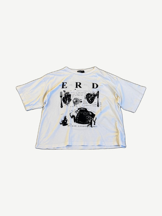 Enfants Riches Deprimes white tee with photo collage print, fork imagery and ERD typewriter text graphic