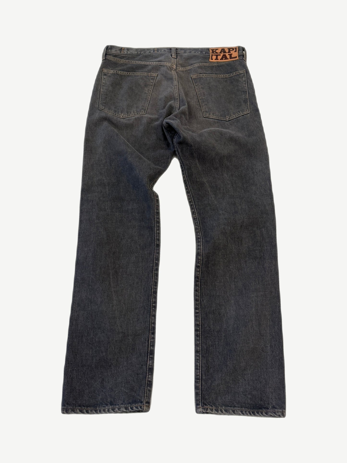 Kapital Monkey Cisco gemstone jeans back view showing five pocket cut and rhinestone studded wash detail.