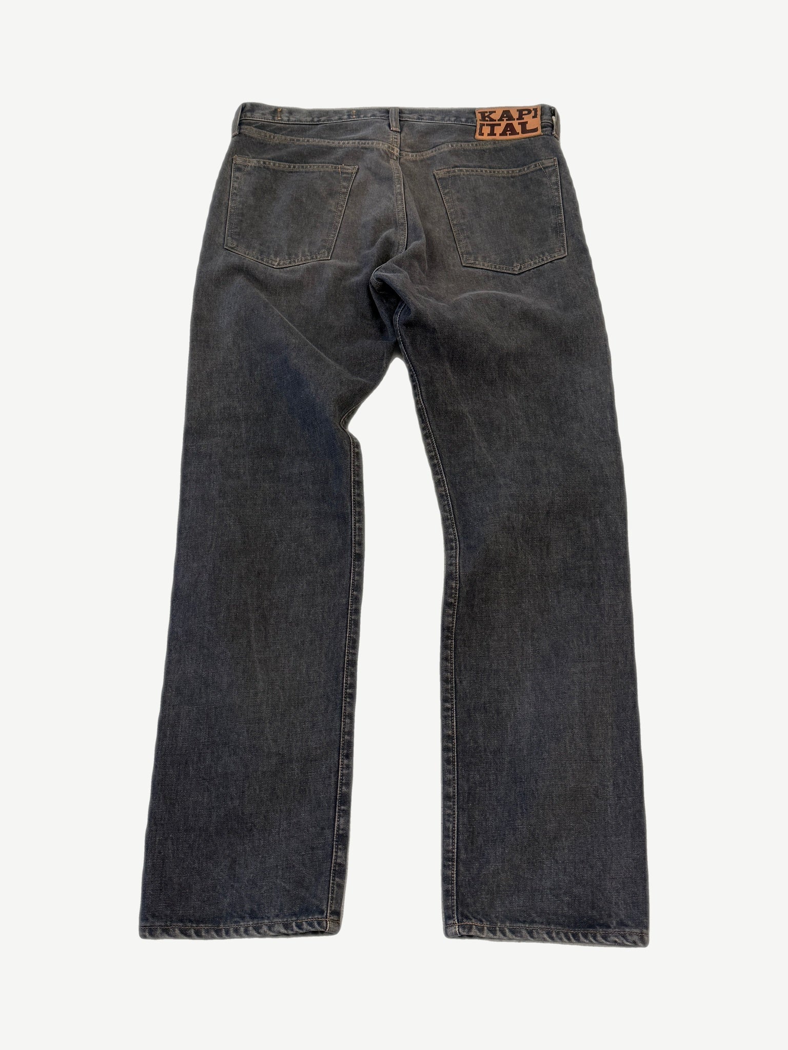 Kapital Monkey Cisco gemstone jeans back view showing five pocket cut and rhinestone studded wash detail.