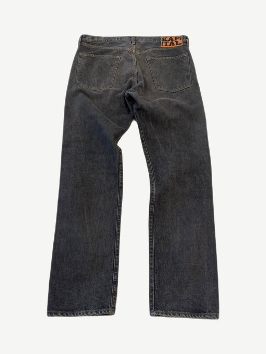 Kapital Monkey Cisco gemstone jeans back view showing five pocket cut and rhinestone studded wash detail.
