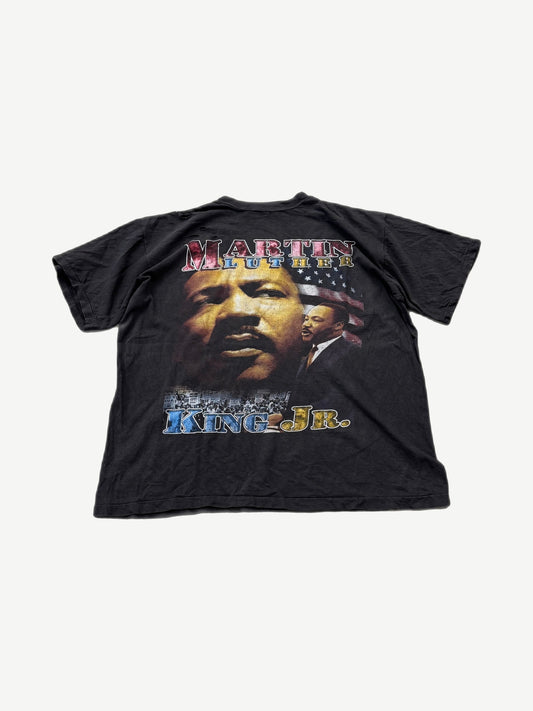 Vintage MLK Jr rap tee front, black cotton with portrait, US flag and civil rights march photo