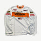 Supreme Vanson Leathers white moto jersey front with orange Racing Team panel, USA flag and sponsor patches