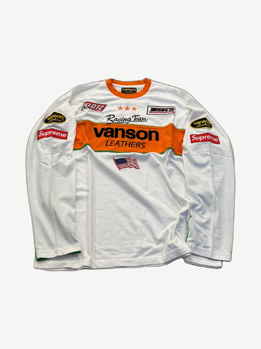Supreme Vanson Leathers white moto jersey front with orange Racing Team panel, USA flag and sponsor patches