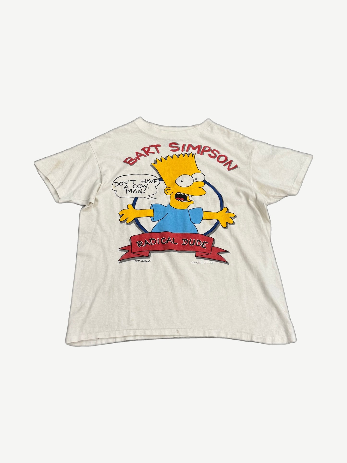 Vintage Bart Simpson white tee front with Don't Have A Cow Man speech bubble and Radical Dude banner