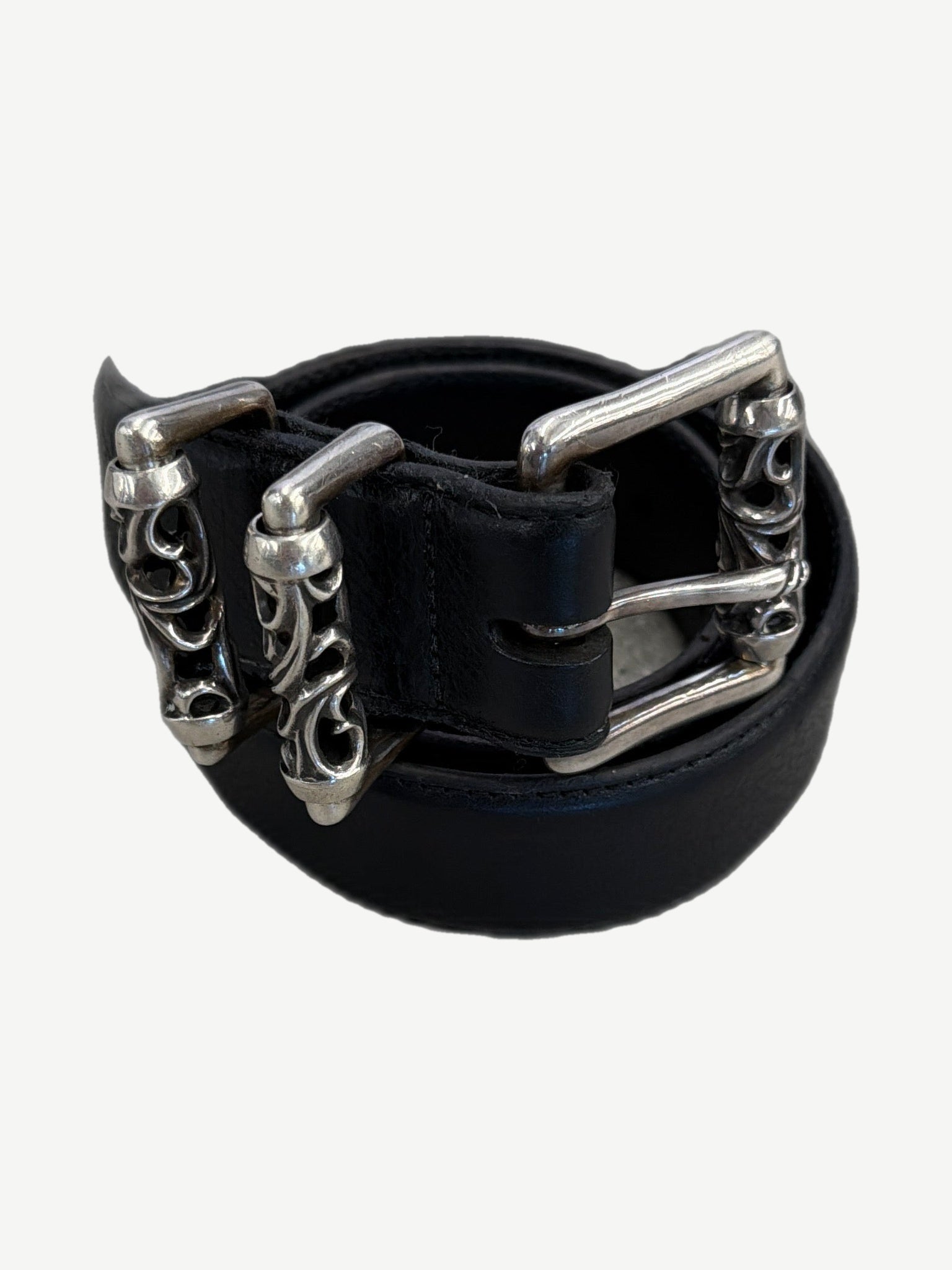 Chrome Hearts Celtic Roller black leather belt coiled with sterling silver scroll-engraved buckle hardware