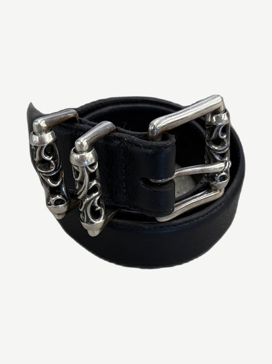 Chrome Hearts Celtic Roller black leather belt coiled with sterling silver scroll-engraved buckle hardware