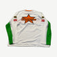 Supreme Vanson Leathers moto jersey back with orange Supreme star logo and green mesh sleeve panels