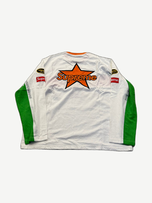 Supreme Vanson Leathers moto jersey back with orange Supreme star logo and green mesh sleeve panels