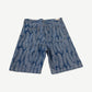 Kapital blue feather magpie denim shorts back showing woven feather pattern and rear waistband label.