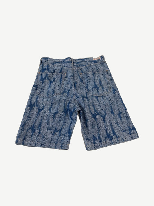 Kapital blue feather magpie denim shorts back showing woven feather pattern and rear waistband label.