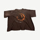 HMDD brown tee back with orange spiral Power in Memories graphic and circular text print