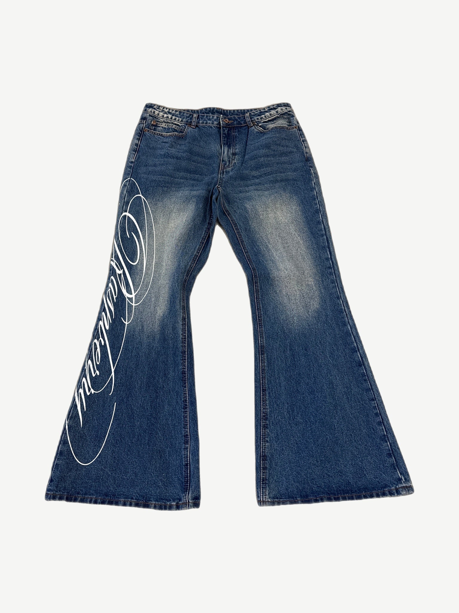GV Gallery Raspberry Hills Miley Cyrus flare jeans in faded blue denim with flared leg and back graphic