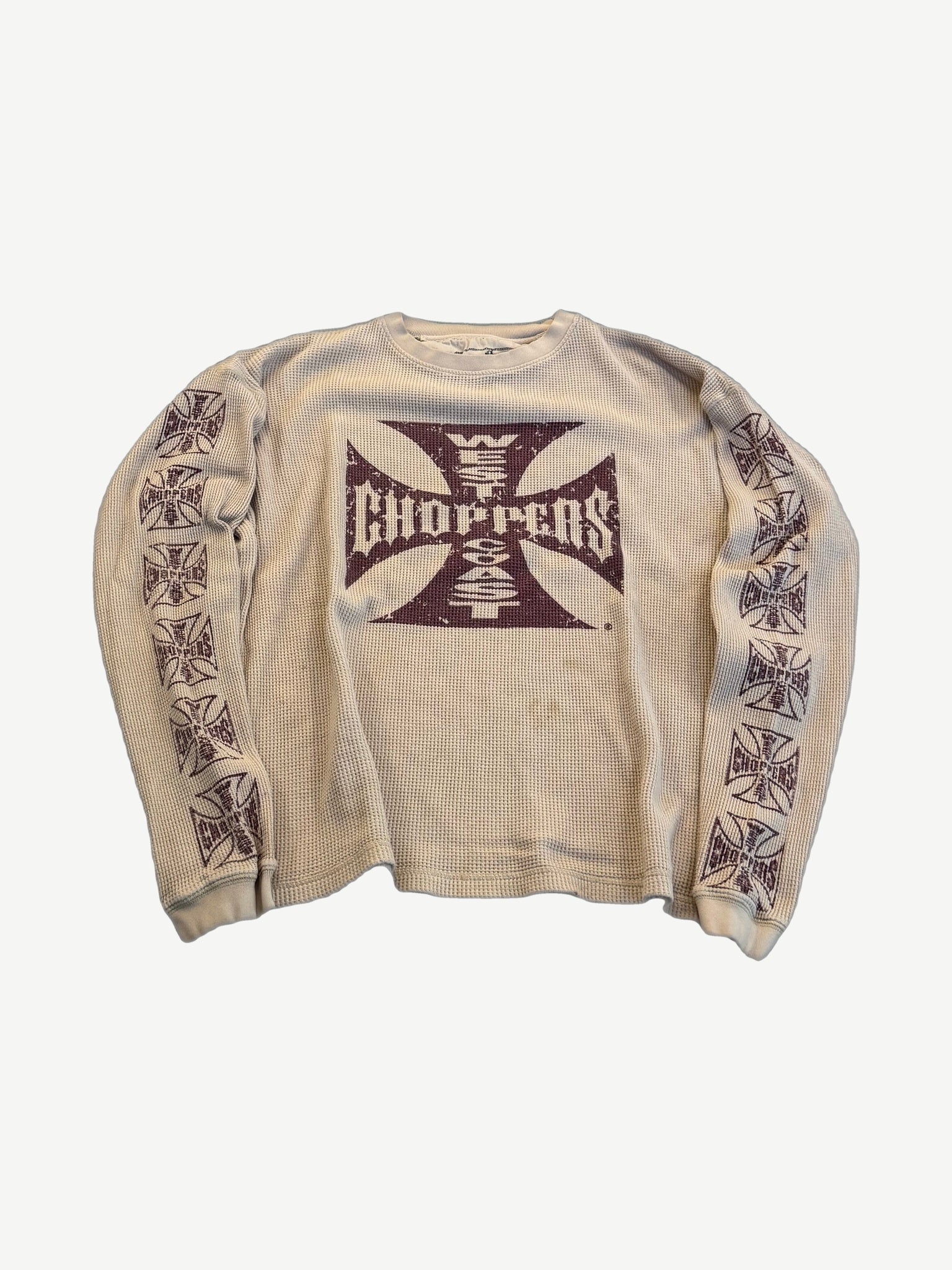 Vintage West Coast Choppers cream waffle thermal longsleeve with maroon iron cross logo and sleeve prints.