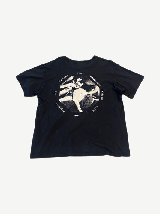 ERD black You Are Nothing tee back view with TV dinner octagonal text and photo graphic print