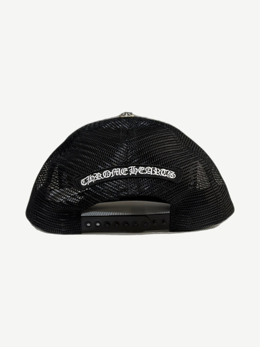 Chrome Hearts black trucker hat back showing white embroidered gothic logo banner and snapback closure