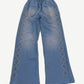 Happy Memories Don't Die light blue faded sweatpants with multicolor crystal rhinestones cascading down the legs