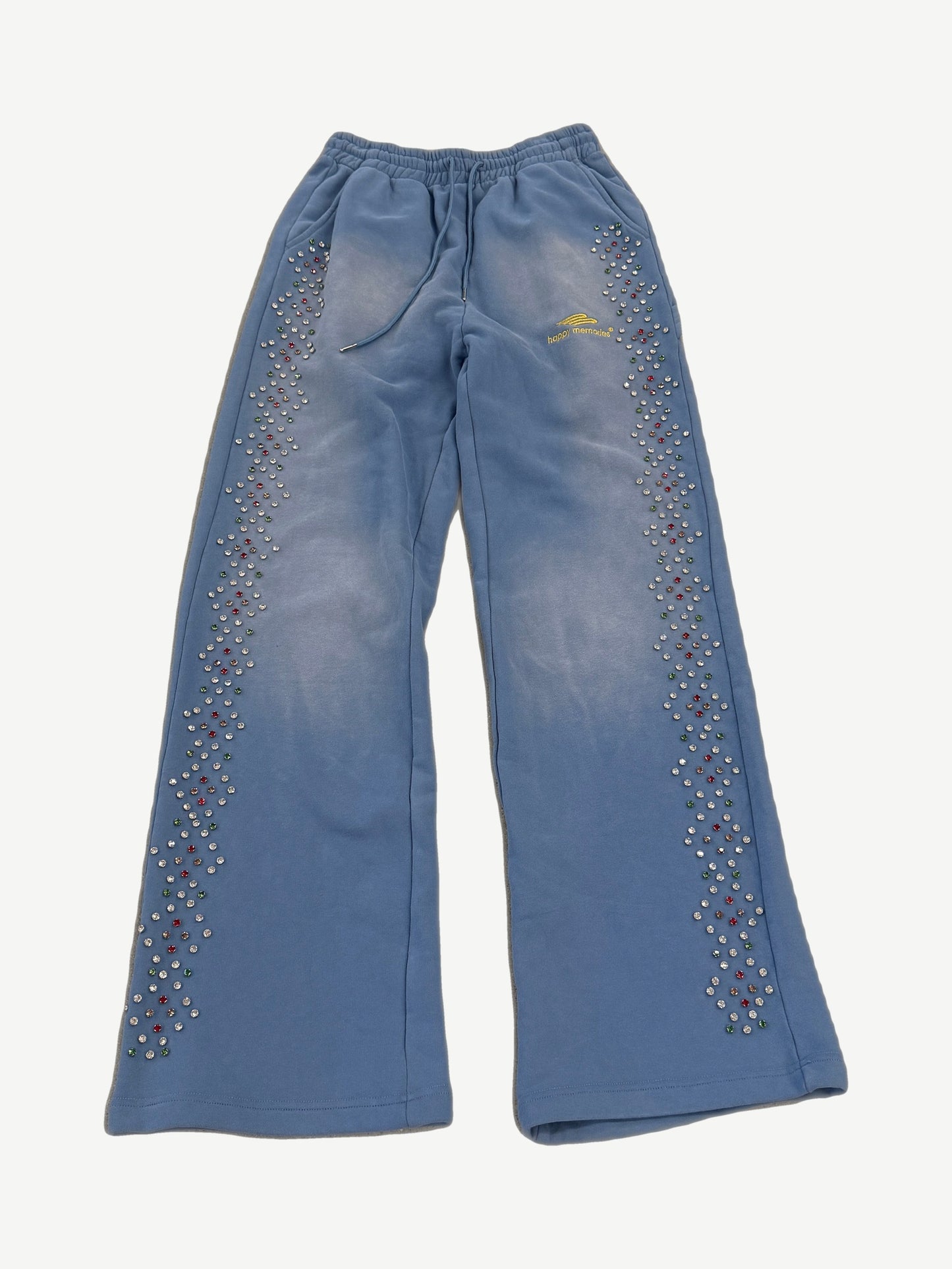 Happy Memories Don't Die light blue faded sweatpants with multicolor crystal rhinestones cascading down the legs