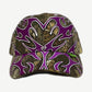 Living Product Man Vs Nature dad hat in tree-bark camo with purple embroidered antler flame motif