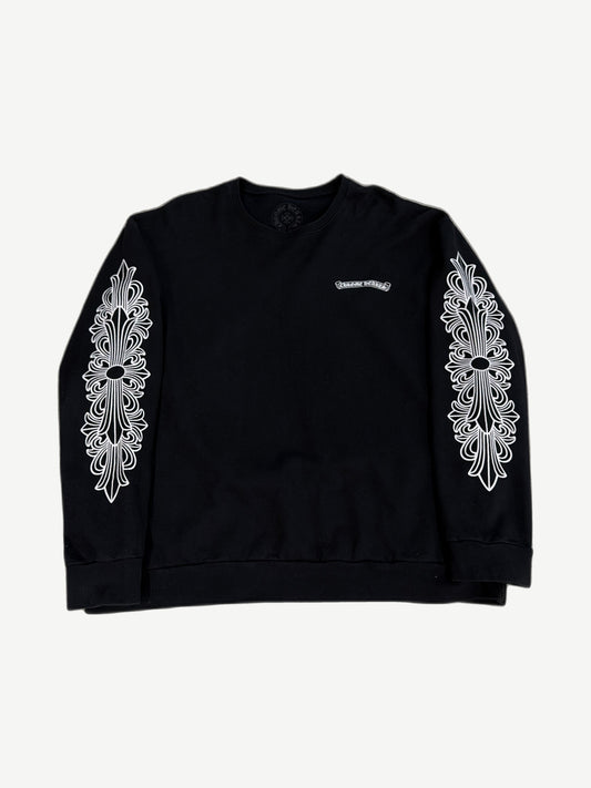 Chrome Hearts black crewneck front, purple dagger and floral graphics layered with eyechart text