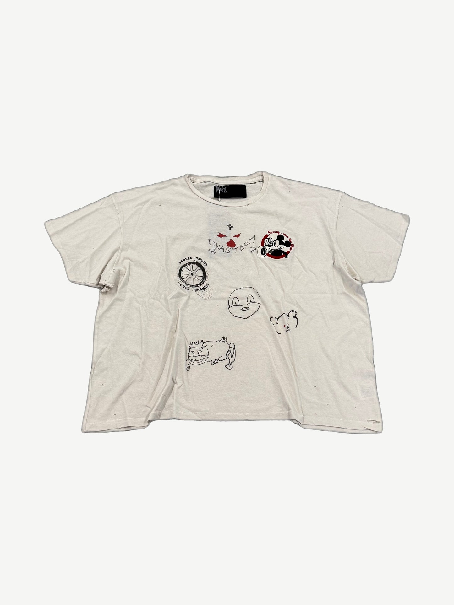 Paly Hollywood signature tee in distressed white with mixed cartoon doodles, Mickey and Mastery prints.