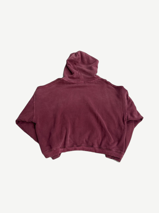 ERD washed burgundy distressed hoodie back view, faded oxblood cotton fleece with shredded hem and holes.
