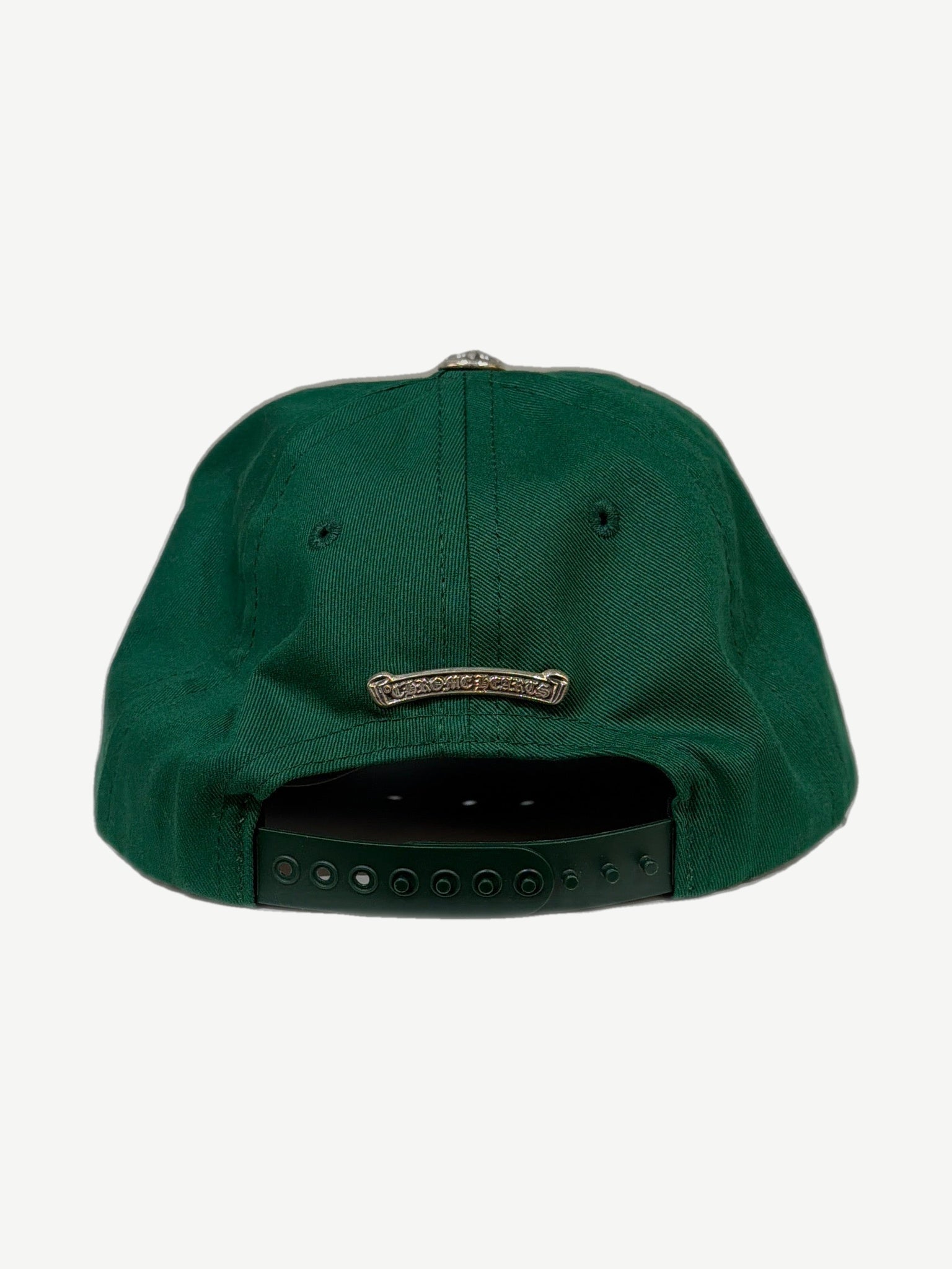 Chrome Hearts Matty Boy green Space hat back, silver CH cross clip strap closure on green crown