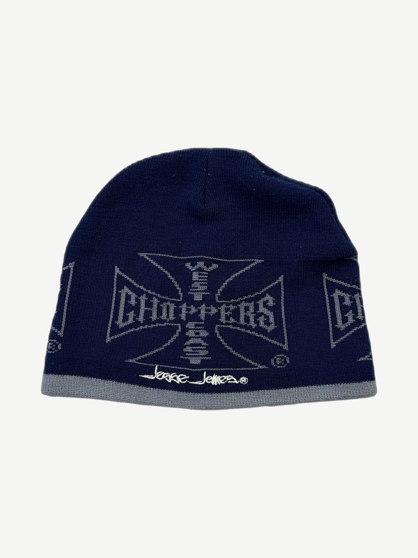 Vintage West Coast Choppers navy beanie with embroidered blue flame and Maltese cross logo on cuff.