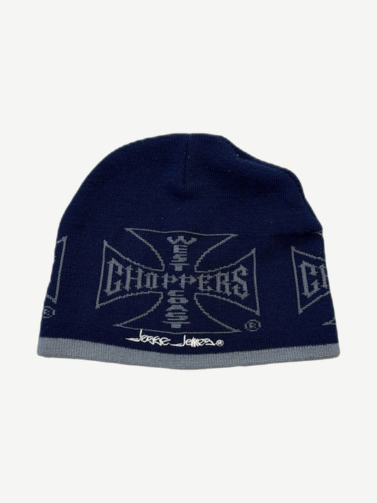 Vintage West Coast Choppers navy beanie with embroidered blue flame and Maltese cross logo on cuff.
