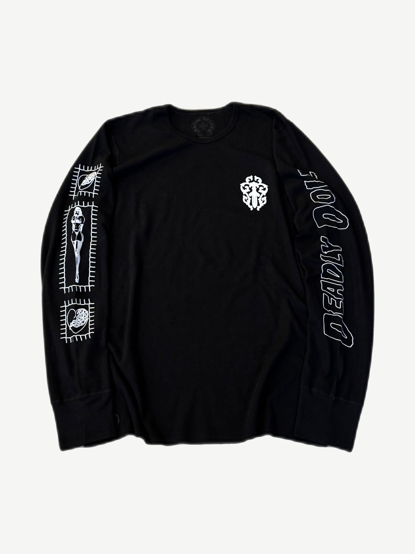 Chrome Hearts Deadly Doll black thermal waffle longsleeve with vine dagger graphic printed across the chest.