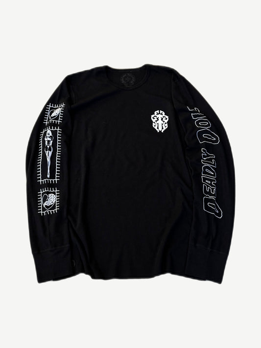 Chrome Hearts Deadly Doll black thermal waffle longsleeve with vine dagger graphic printed across the chest.