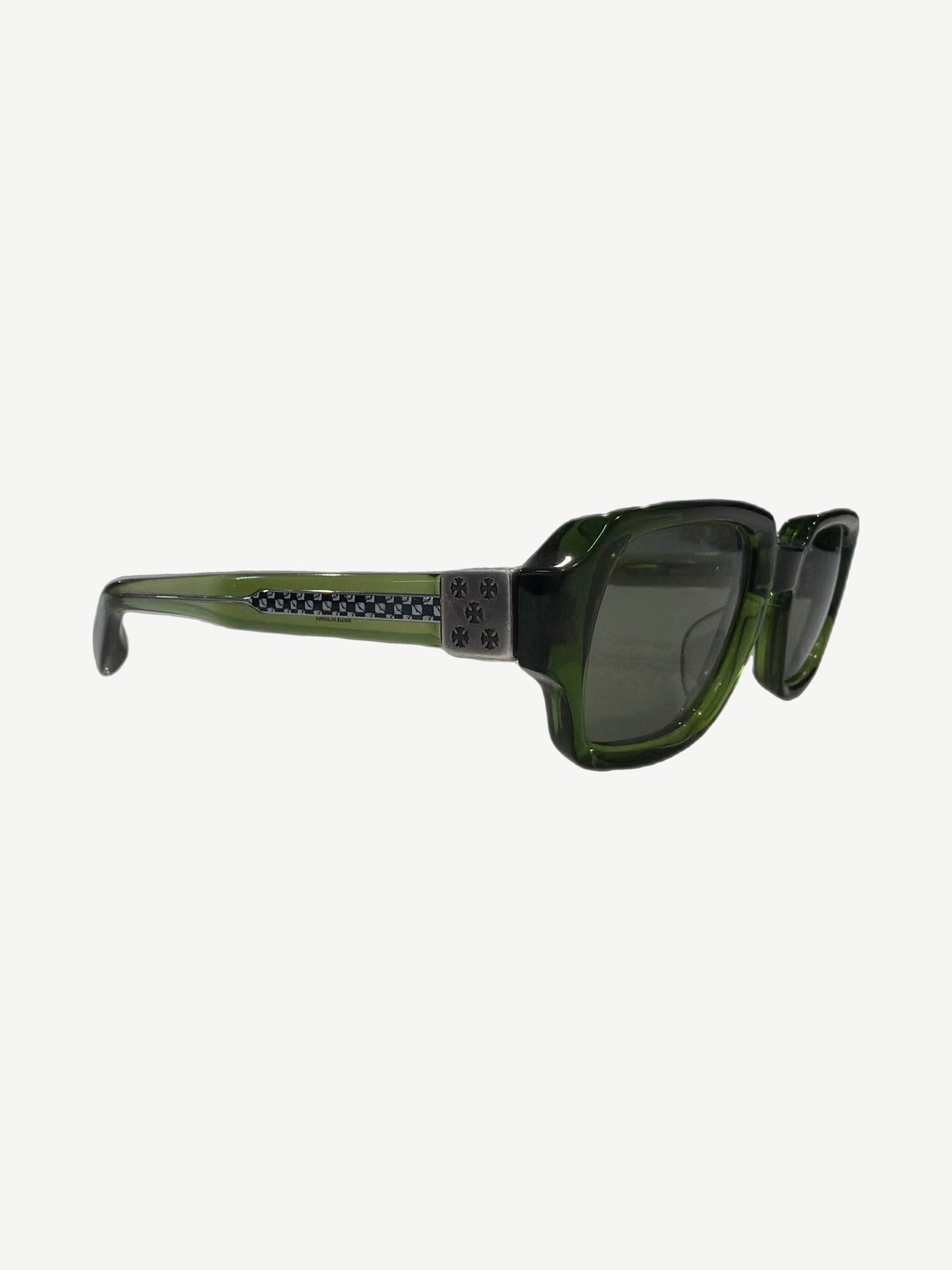 Chrome Hearts Matty Boy TV Party sunglasses side profile in translucent green acetate with silver cross temple plates