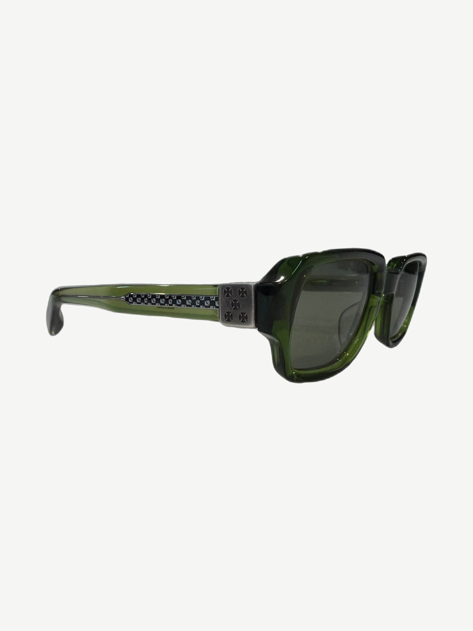 Chrome Hearts Matty Boy TV Party sunglasses side profile in translucent green acetate with silver cross temple plates