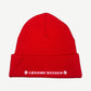 Chrome Hearts red knit beanie back with Chrome Hearts gothic script and cross floral embroidery.