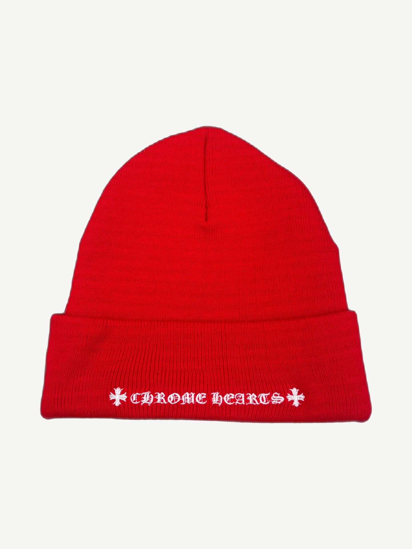 Chrome Hearts red knit beanie back with Chrome Hearts gothic script and cross floral embroidery.