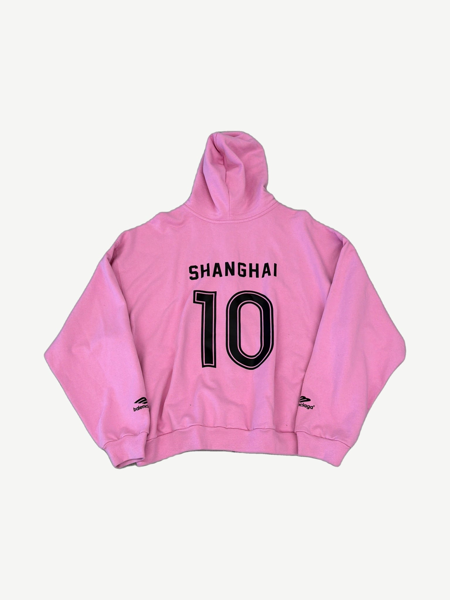 Balenciaga pink Shanghai zip-up back view with Shanghai 10 jersey-style print and oversized hood