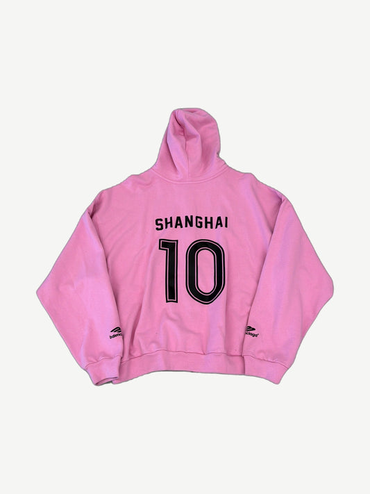 Balenciaga pink Shanghai zip-up back view with Shanghai 10 jersey-style print and oversized hood