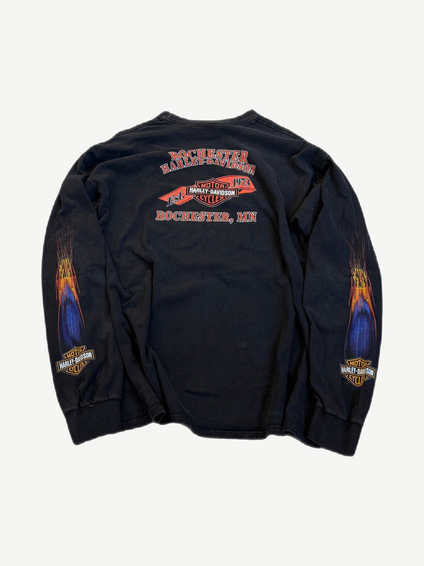 Harley Davidson Rochester MN black longsleeve back with red banner logo and flame sleeve prints