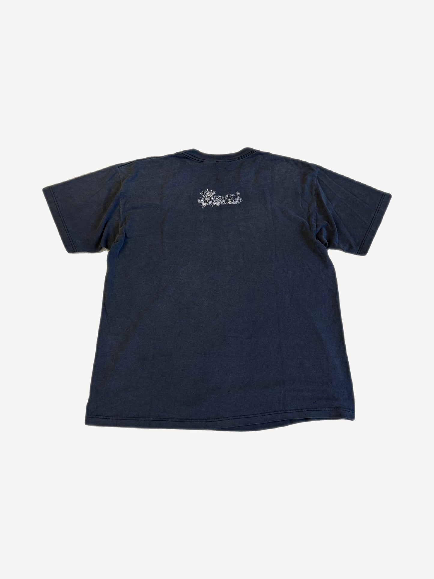 Vintage Tupac Makaveli memorial tee back with small graffiti-style Makaveli logo print at upper center