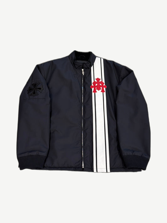Chrome Hearts black nylon racing jacket with white leather stripes and red leather triple cross patch