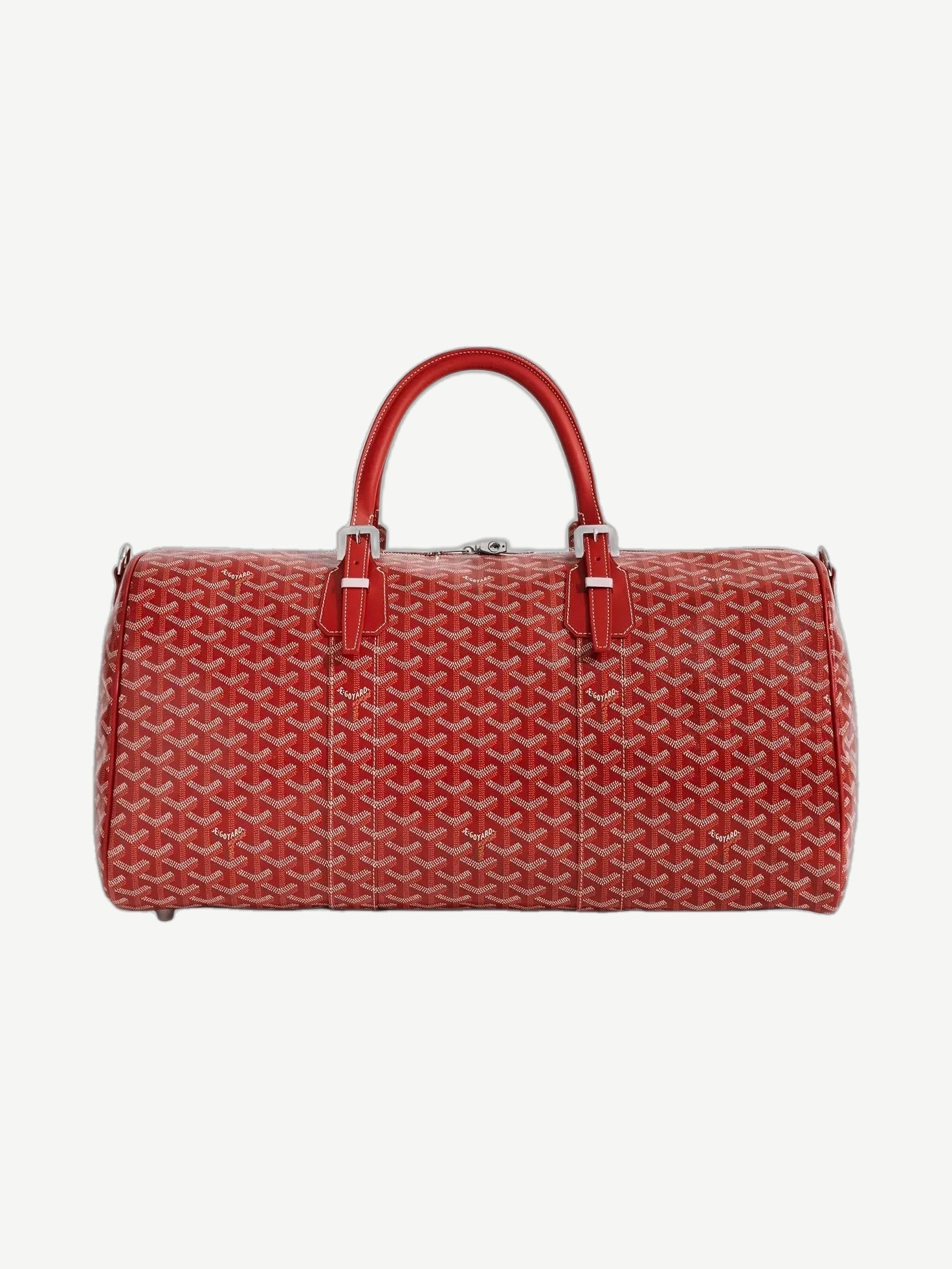 Goyard Red Boston 50 duffle bag front view in red chevron canvas with red leather top handles and silver hardware