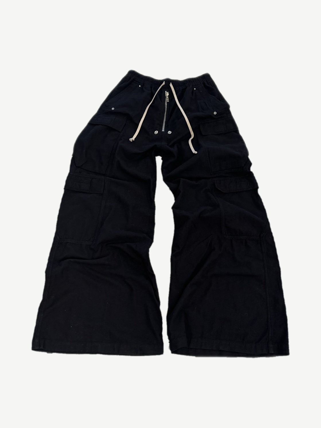 Rick Owens DRKSHDW black Jumbo Bela cargo pants front view with wide leg and oversized cargo pockets